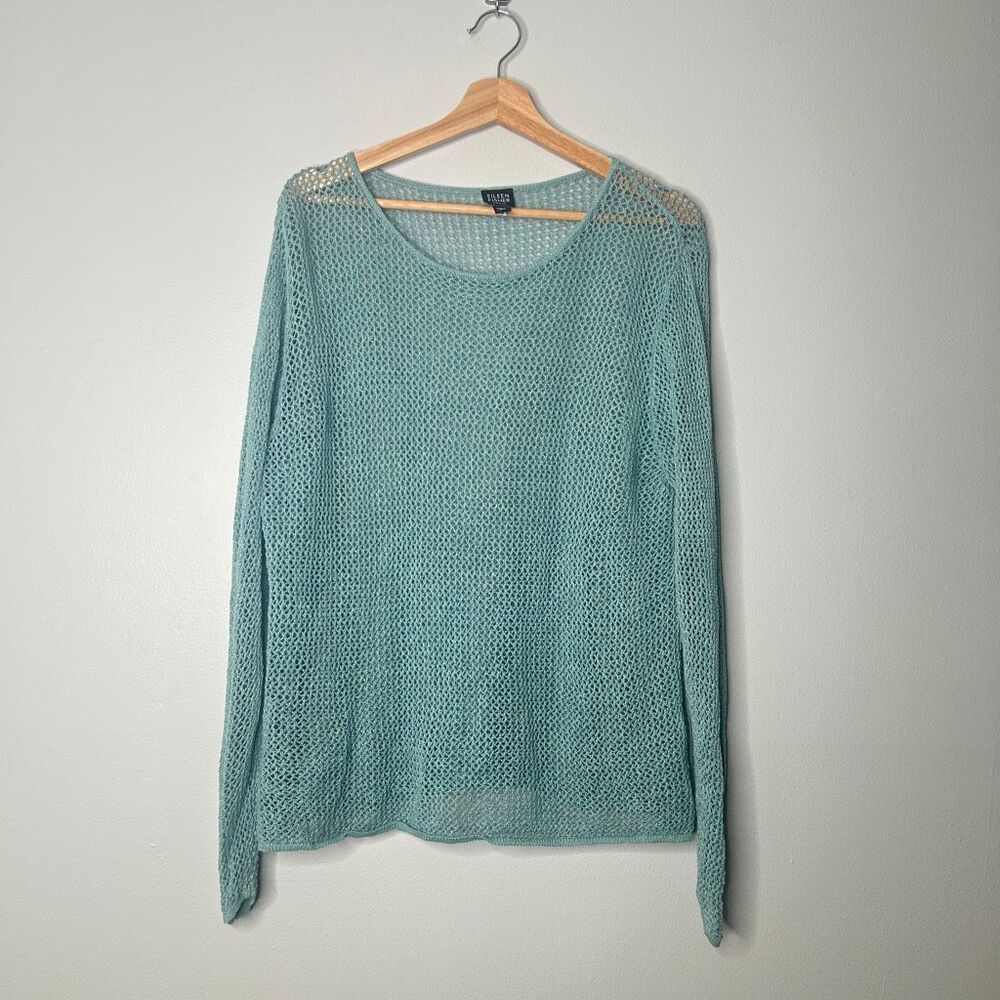 Eileen Fisher Woman 2X Seafoam Blue 100% Linen Fishnet Open Weave Sweater